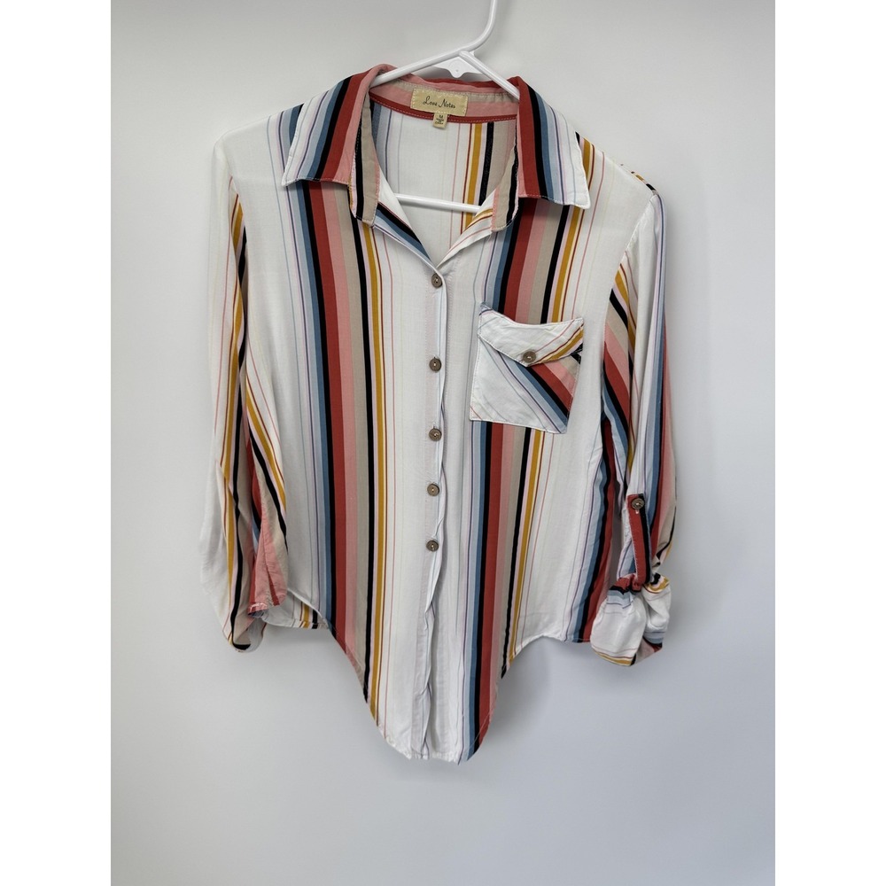 Love Notes Button Up Shirt Womens Medium Multicolor Stripe Roll Tab Sleeve